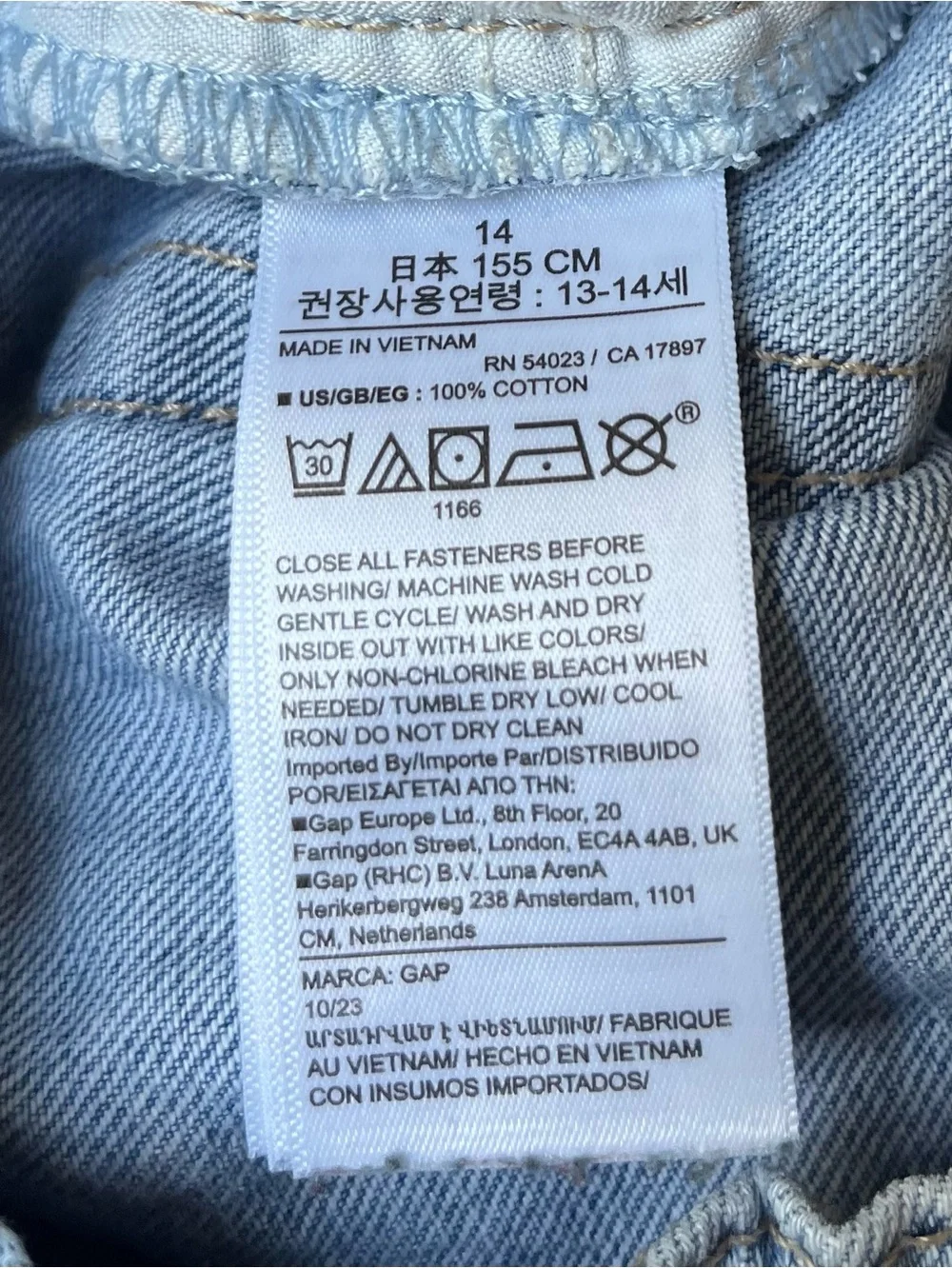 GAP Girls High Rise Ankle Colorblock Light Wash Jeans Size 14 Cotton Adjust